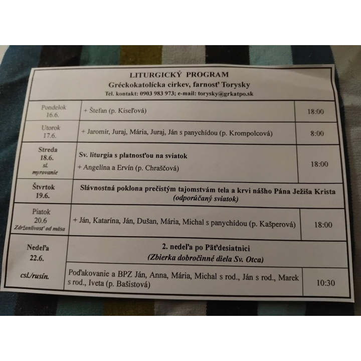 Menšia fotka pre článok Liturgický program od 16.6. do 22.6.2025, farnosť Torysky
