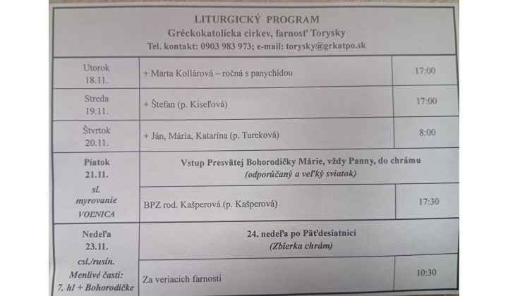 Fotka pre článok Liturgický program od 17.11. do 23.11.2025, farnosť Torysky