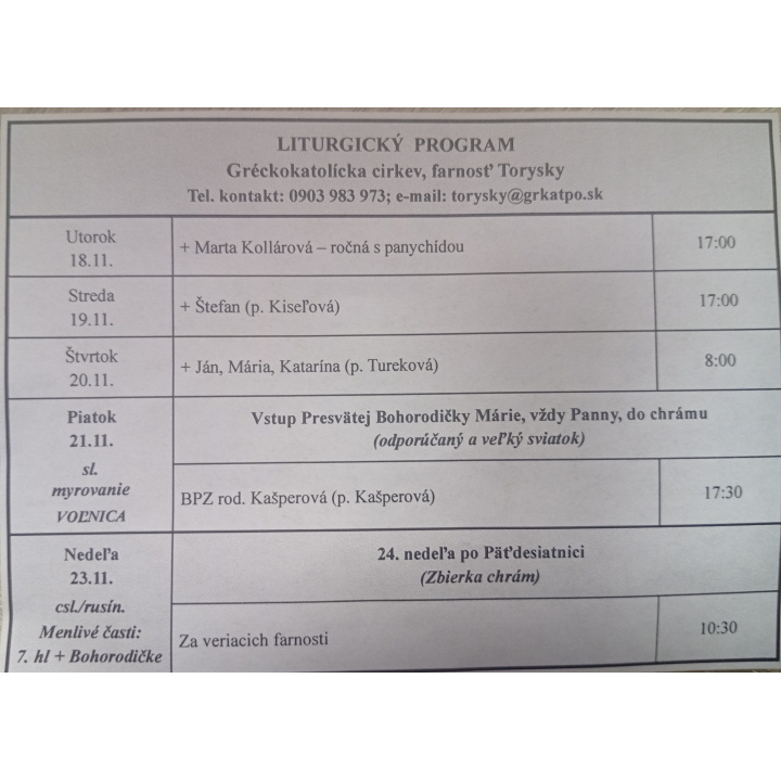 Menšia fotka pre článok Liturgický program od 17.11. do 23.11.2025, farnosť Torysky