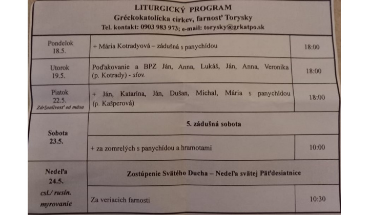 Fotka pre článok Liturgický program od 18.05. do 24.05.2026
