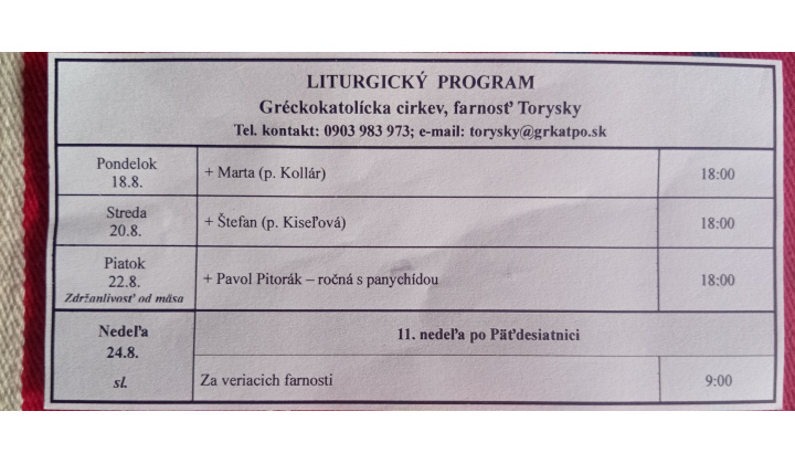 Fotka pre článok Liturgický program od 18.08. do 24.08.2025, farnosť Torysky