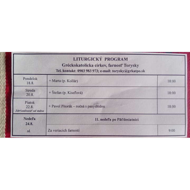 Menšia fotka pre článok Liturgický program od 18.08. do 24.08.2025, farnosť Torysky