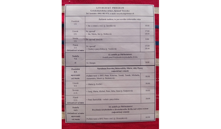 Fotka pre článok Liturgický program od 1.9. do 14.9., farnosť Torysky