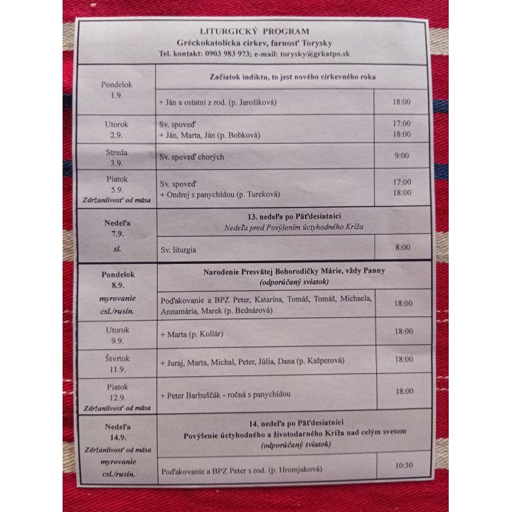 Menšia fotka pre článok Liturgický program od 1.9. do 14.9., farnosť Torysky