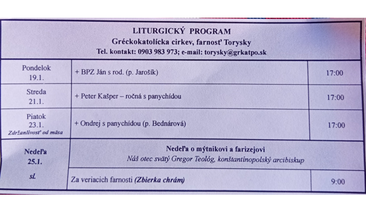 Fotka pre článok Liturgický program od 19.01. do 25.01.2026, farnosť Torysky