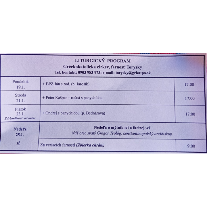 Menšia fotka pre článok Liturgický program od 19.01. do 25.01.2026, farnosť Torysky