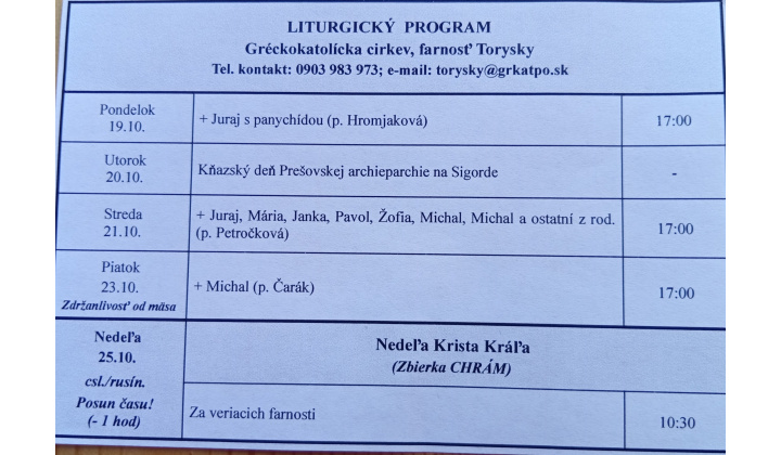 Fotka pre článok Liturgický program od 19.10. do 25.10.2026, farnosť Torysky