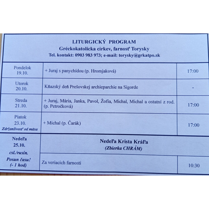 Menšia fotka pre článok Liturgický program od 19.10. do 25.10.2026, farnosť Torysky