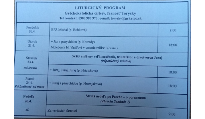 Fotka pre článok Liturgický program od 20.04. do 26.04.2026, farnosť Torysky