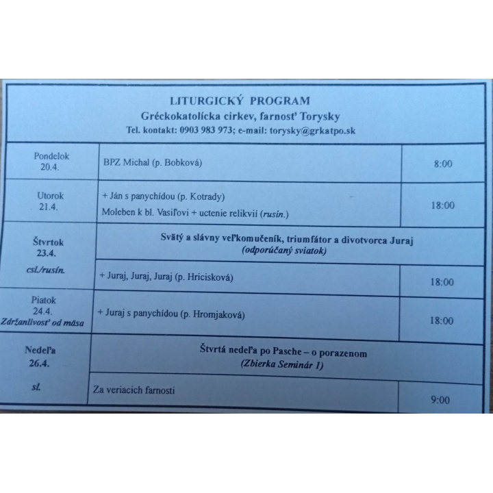 Menšia fotka pre článok Liturgický program od 20.04. do 26.04.2026, farnosť Torysky