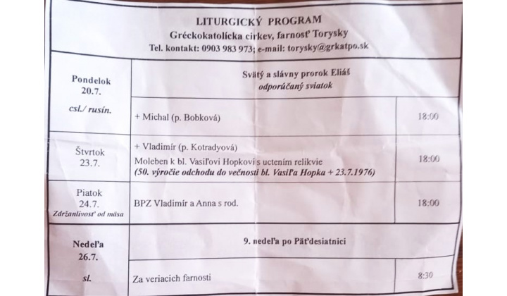 Fotka pre článok Liturgický program od 20.07. do 26.07.2026, farnosť Torysky