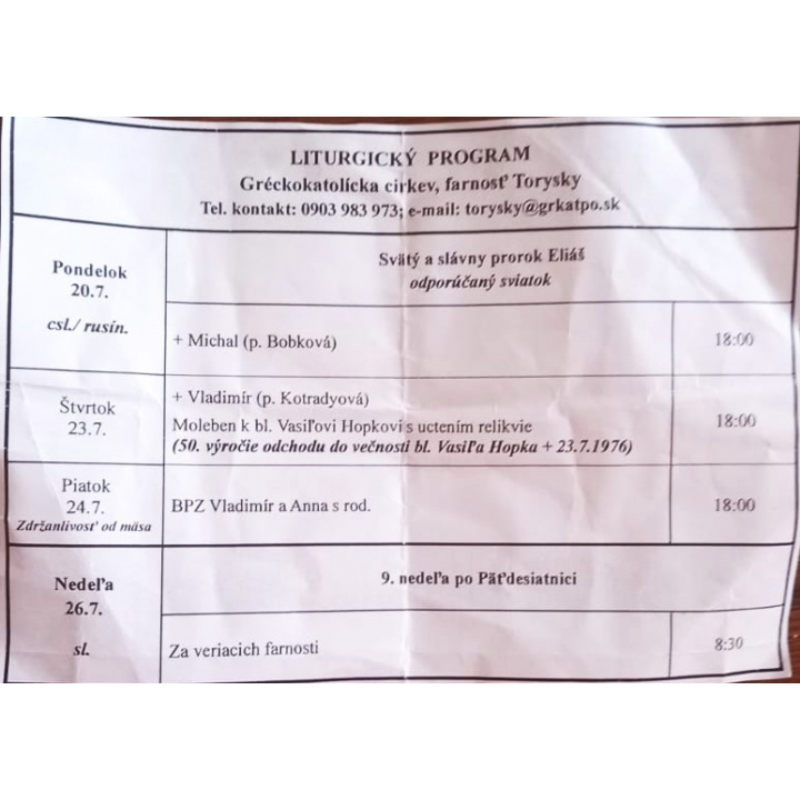 Menšia fotka pre článok Liturgický program od 20.07. do 26.07.2026, farnosť Torysky