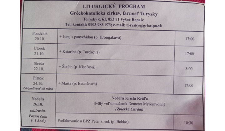 Fotka pre článok Liturgický program od 20.10. do 26.10.2025, farnosť Torysky
