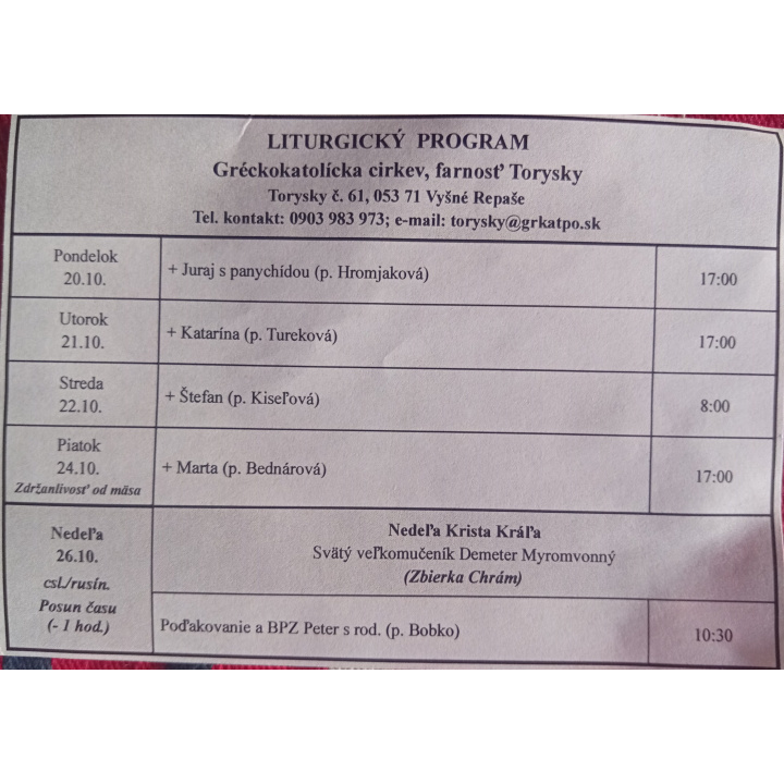 Menšia fotka pre článok Liturgický program od 20.10. do 26.10.2025, farnosť Torysky