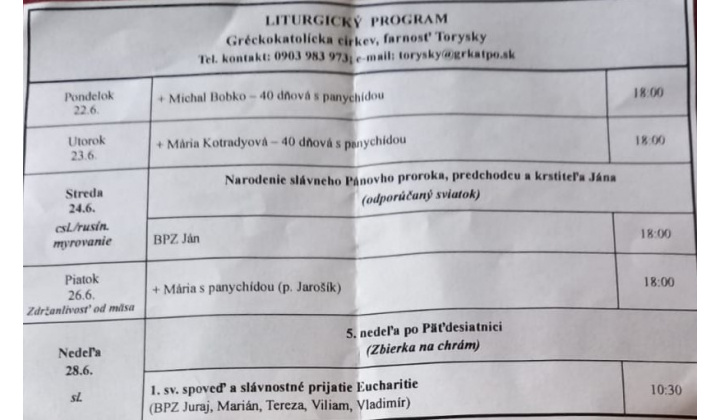 Fotka pre článok Liturgický program od 22.06. do 28.06.2026, farnosť Torysky