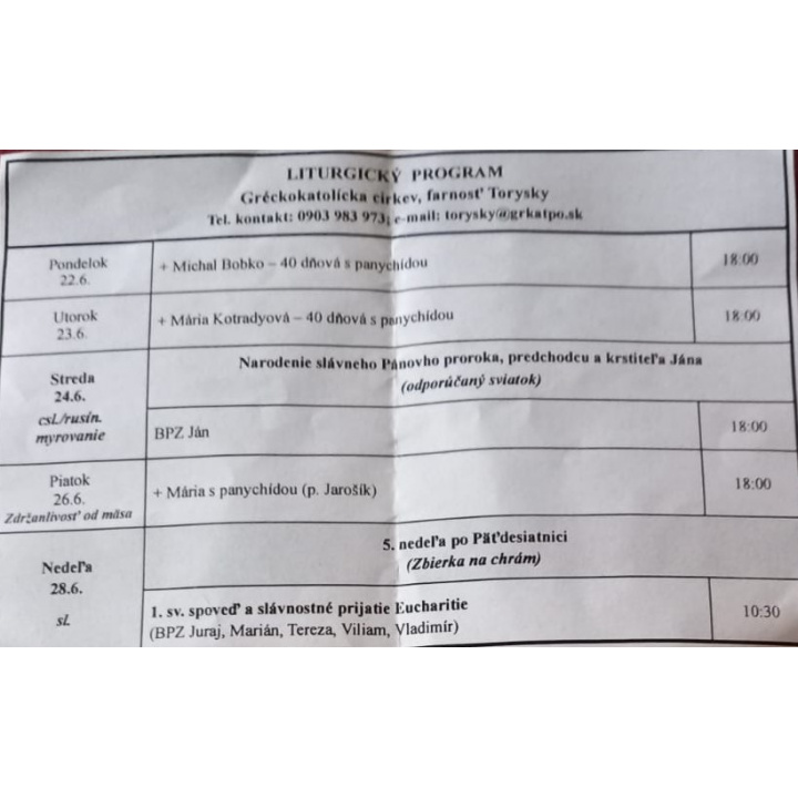 Menšia fotka pre článok Liturgický program od 22.06. do 28.06.2026, farnosť Torysky