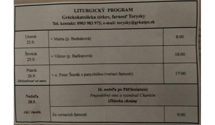 Fotka pre článok Liturgický program od 22.9. do 28.9., farnosť Torysky