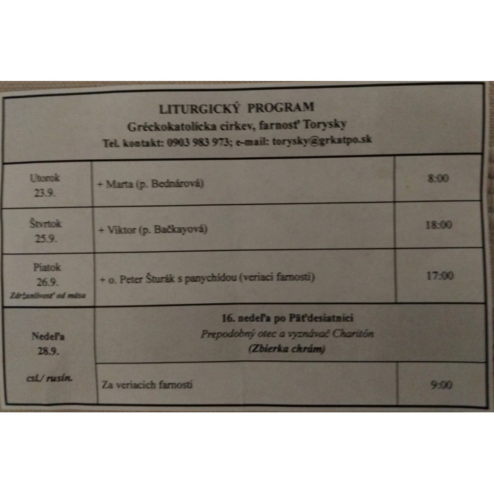 Menšia fotka pre článok Liturgický program od 22.9. do 28.9., farnosť Torysky