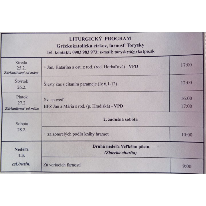 Menšia fotka pre článok Liturgický program od 23.02. do 01.03.2026, farnosť Torysky