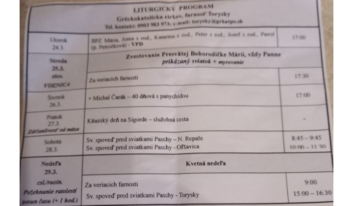 Fotka pre článok Liturgický program od 23.03. do 29.03.2026, farnosť Torysky