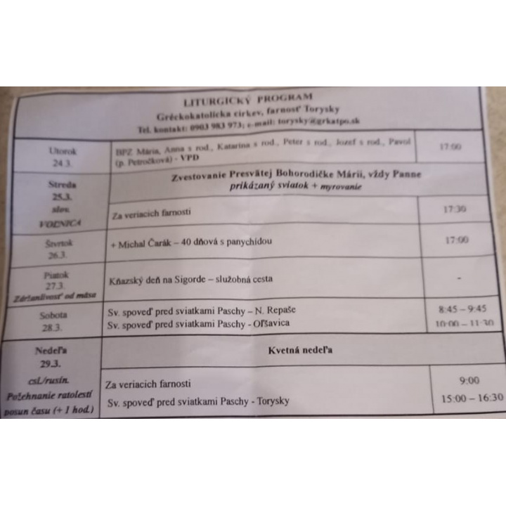 Menšia fotka pre článok Liturgický program od 23.03. do 29.03.2026, farnosť Torysky