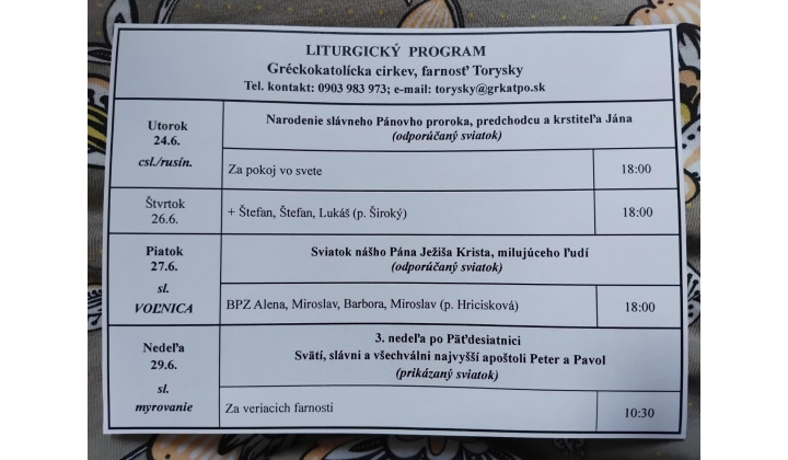 Fotka pre článok Liturgický program od 23.06. do 29.06., farnosť Torysky