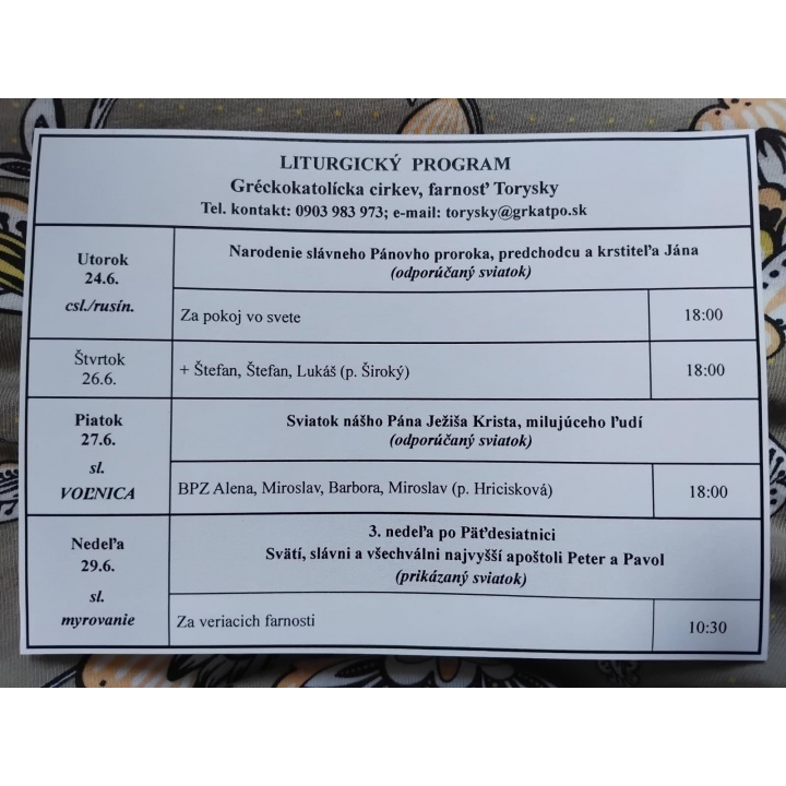Menšia fotka pre článok Liturgický program od 23.06. do 29.06., farnosť Torysky