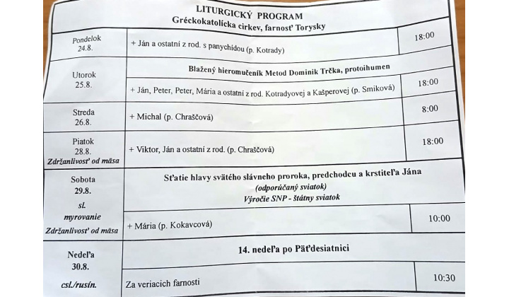 Fotka pre článok Liturgický program od 24.8. do 30.8.2026, farnosť Torysky