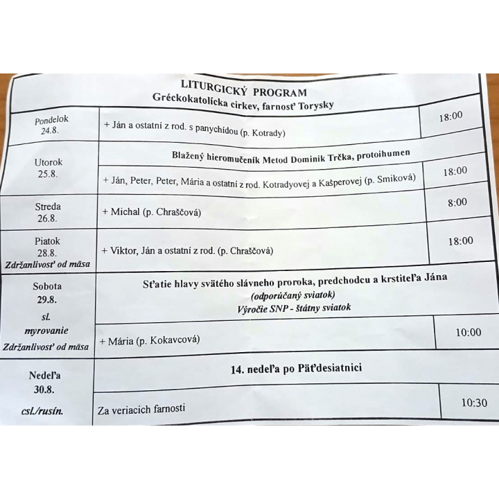 Menšia fotka pre článok Liturgický program od 24.8. do 30.8.2026, farnosť Torysky