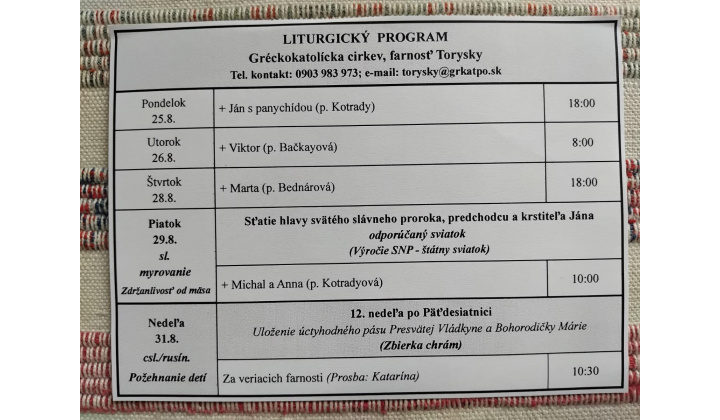 Fotka pre článok Liturgický program od 24.8. do 31.8., farnosť Torysky