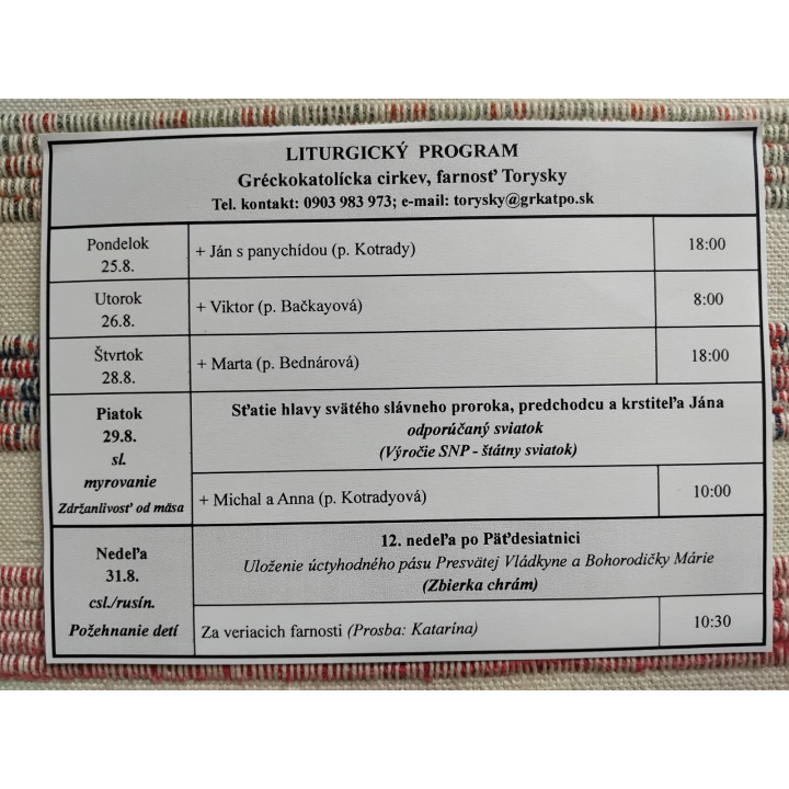 Menšia fotka pre článok Liturgický program od 24.8. do 31.8., farnosť Torysky