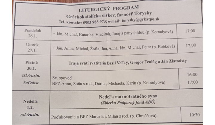 Fotka pre článok Liturgický program od 26.01. do 01.02.2026