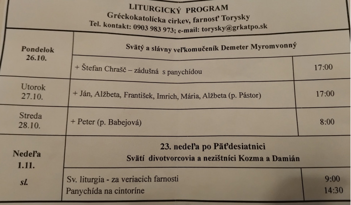 Fotka pre článok Liturgický program od 26.10. do 01.11.2026, farnosť Torysky