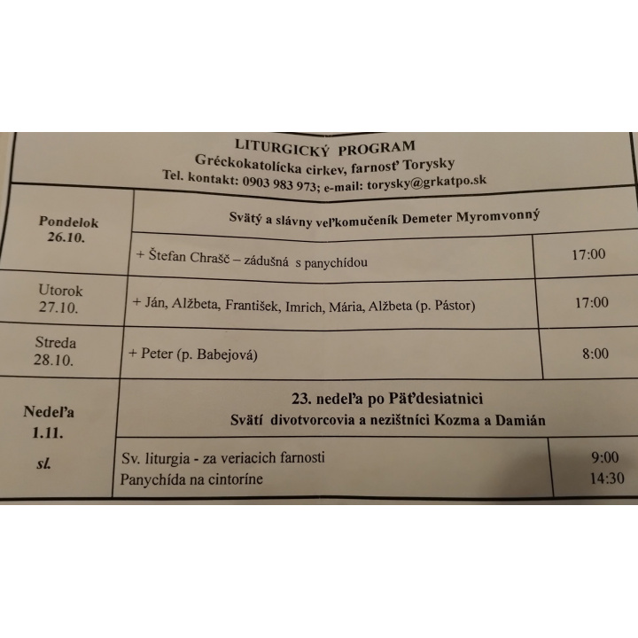 Menšia fotka pre článok Liturgický program od 26.10. do 01.11.2026, farnosť Torysky