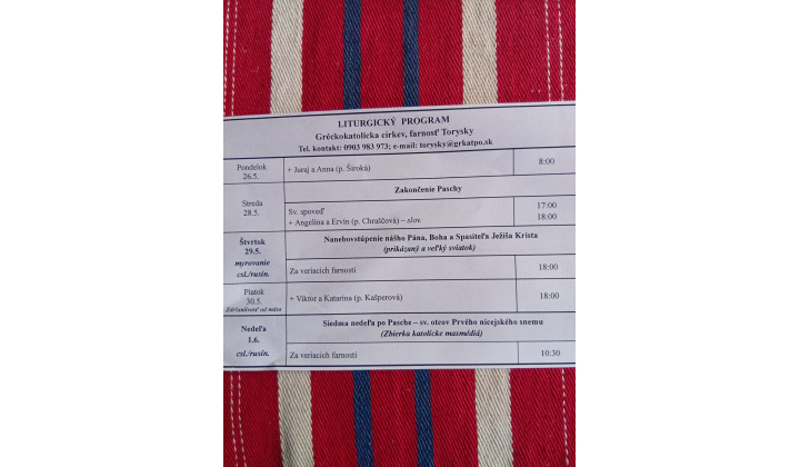 Fotka pre článok Liturgický program od 26.5. do 1.6. farnosť Torysky