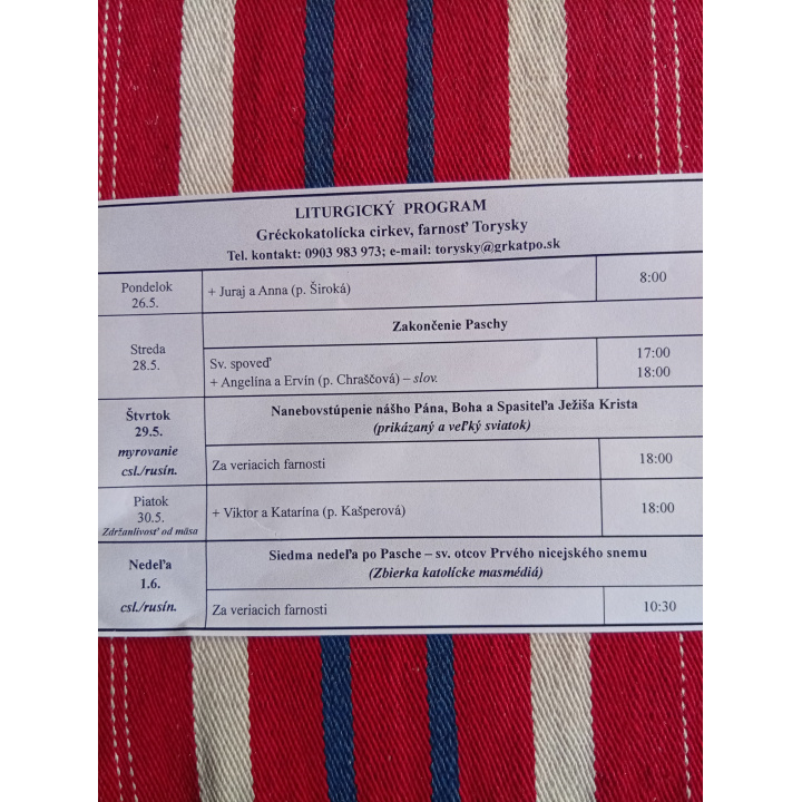 Menšia fotka pre článok Liturgický program od 26.5. do 1.6. farnosť Torysky
