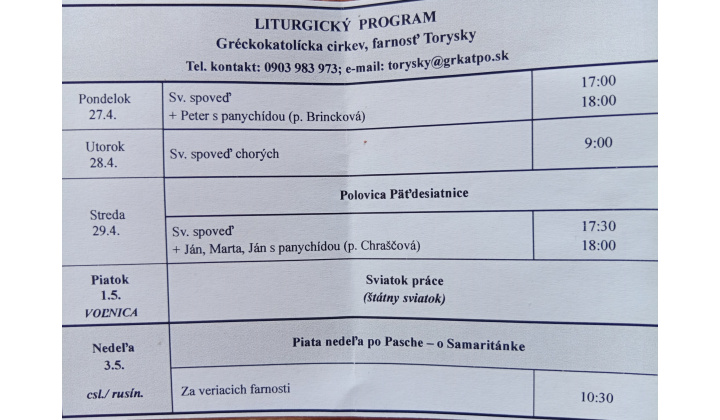 Fotka pre článok Liturgický program od 27.04. do 03.05.2026, farnosť Torysky
