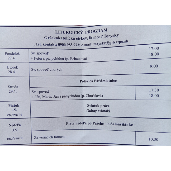 Menšia fotka pre článok Liturgický program od 27.04. do 03.05.2026, farnosť Torysky