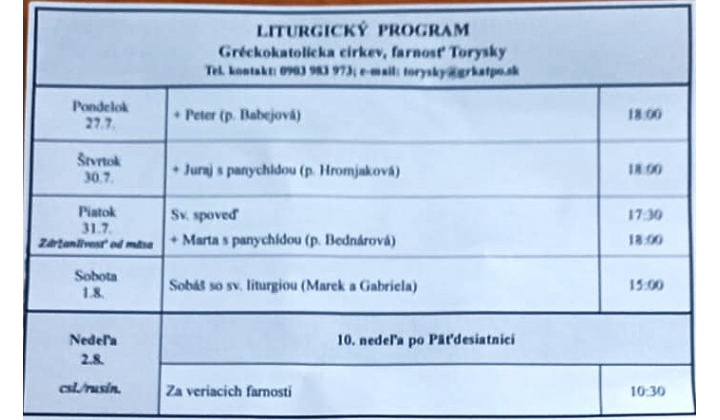 Fotka pre článok Liturgický program od 27.07. do 02.08.2026, farnosť Torysky