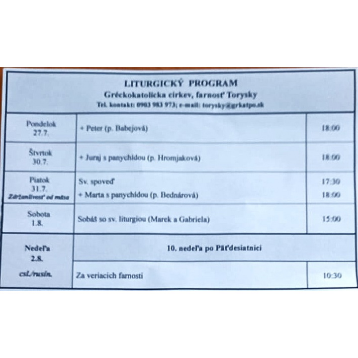 Menšia fotka pre článok Liturgický program od 27.07. do 02.08.2026, farnosť Torysky