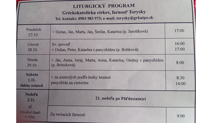 Fotka pre článok Liturgický program od 27.10. do 02.11.2025, farnosť Torysky