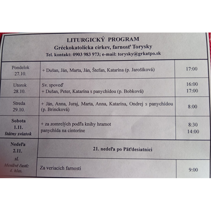 Menšia fotka pre článok Liturgický program od 27.10. do 02.11.2025, farnosť Torysky