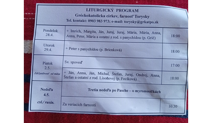 Fotka pre článok Liturgický program od 28.4. do 4.5.