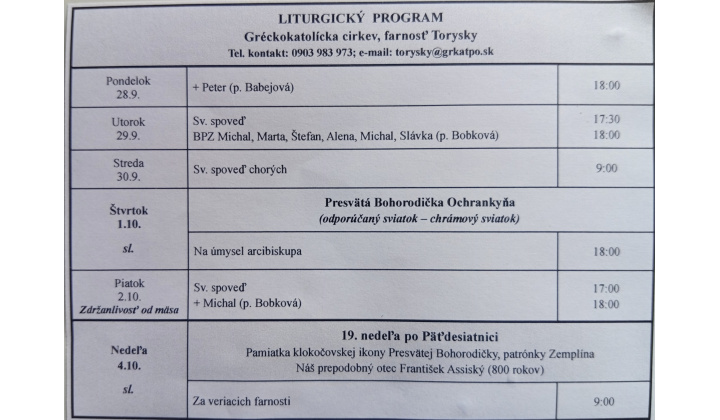 Fotka pre článok Liturgický program od 28.9. do 04.10.2026, farnosť Torysky