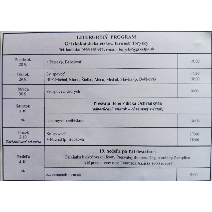 Menšia fotka pre článok Liturgický program od 28.9. do 04.10.2026, farnosť Torysky