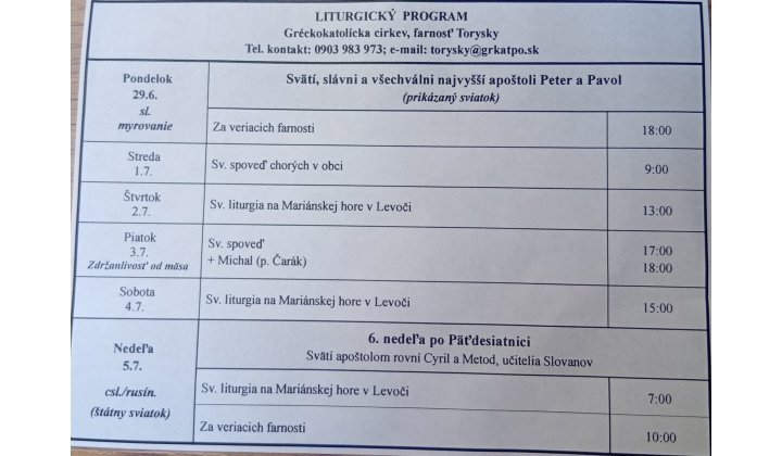 Fotka pre článok Liturgický program od 29.06. do 05.7.2026, farnosť Torysky