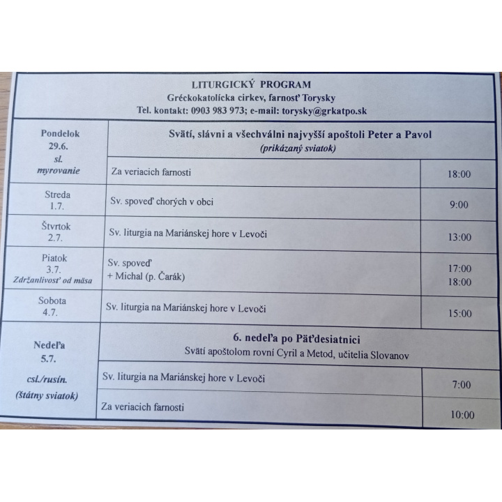 Menšia fotka pre článok Liturgický program od 29.06. do 05.7.2026, farnosť Torysky