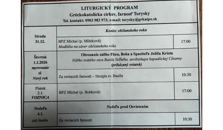 Fotka pre článok Liturgický program od 29.12. do 04.01.2026, farnosť Torysky