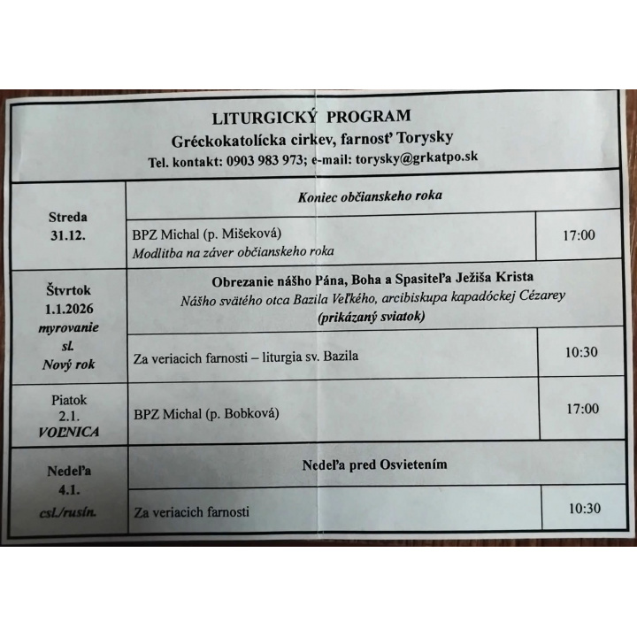Menšia fotka pre článok Liturgický program od 29.12. do 04.01.2026, farnosť Torysky