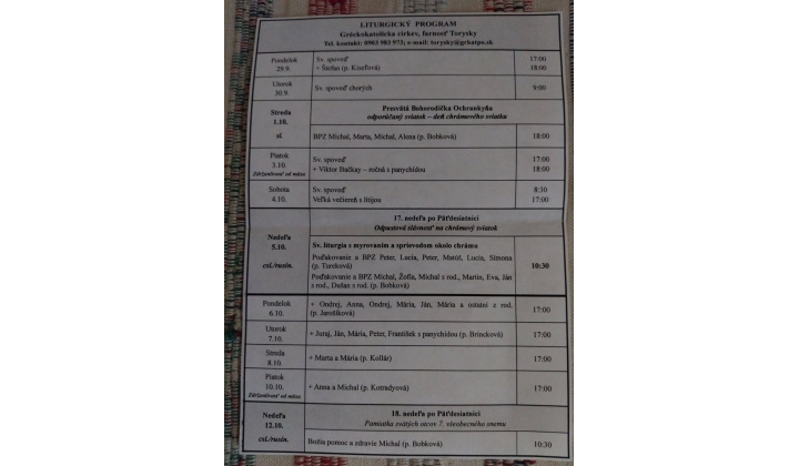 Fotka pre článok Liturgický program od 29.9. do 12.10., farnosť Torysky